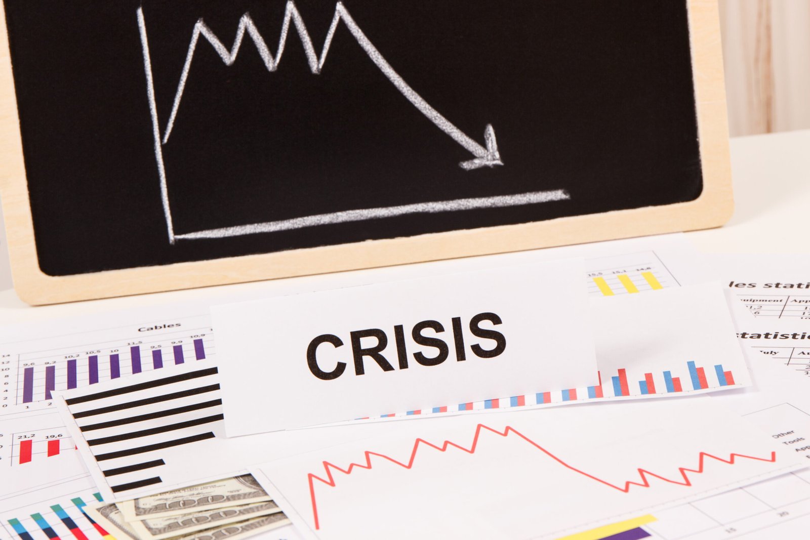 Inscription crisis, currencies dollar and declining chart as risk of financial crisis caused by coronavirus